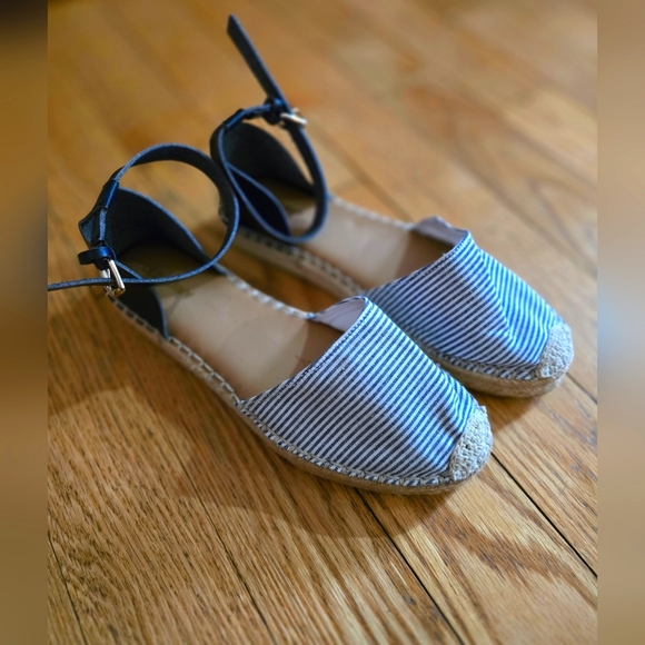 Old Navy Shoes - Blue‎ and white striped espadrille sandals with blue leather straps #stripes